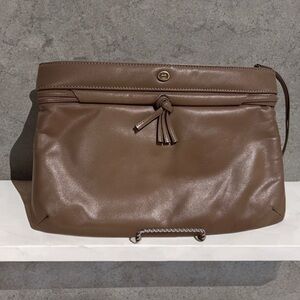 Vintage Etienne Aigner Leather Tassel Wristlet Clutch in Taupe Tan Brown